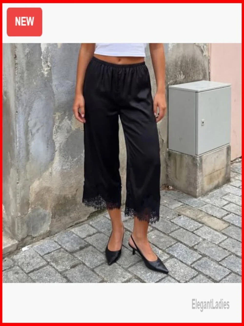 Satin Lace Trim Wide Leg Pajama Bottoms Elastic Waist Lounge Pants